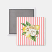 レモンとバラをピンク色のストライプ マグネット (正面/裏面)