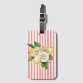レモンとバラをピンク色のストライプ ラゲッジタグ (正面縦)