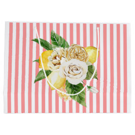レモンとバラをピンク色のストライプ ラージペーパーバッグ