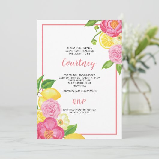レモンとピンクのベビーガールベビーシャワーパーティー 招待状 (スタンド正面)