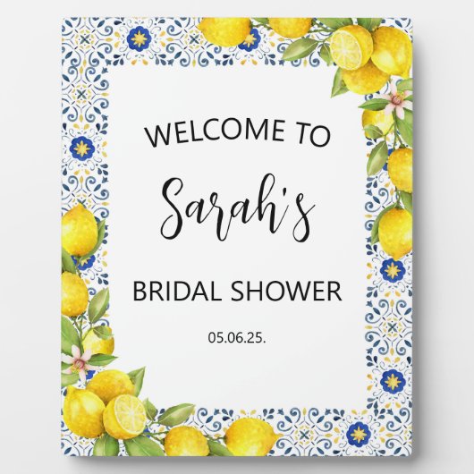 レモンとブルータイルブライダルシャワーウェルカムサイン フォトプラーク (正面)