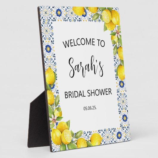 レモンとブルータイルブライダルシャワーウェルカムサイン フォトプラーク (側面)