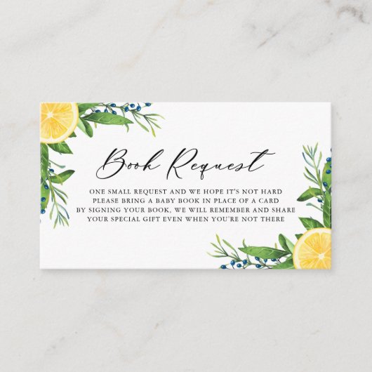 レモンとブルーベリー赤ちゃんシャワーブックリクエスト エンクロージャーカード (正面)