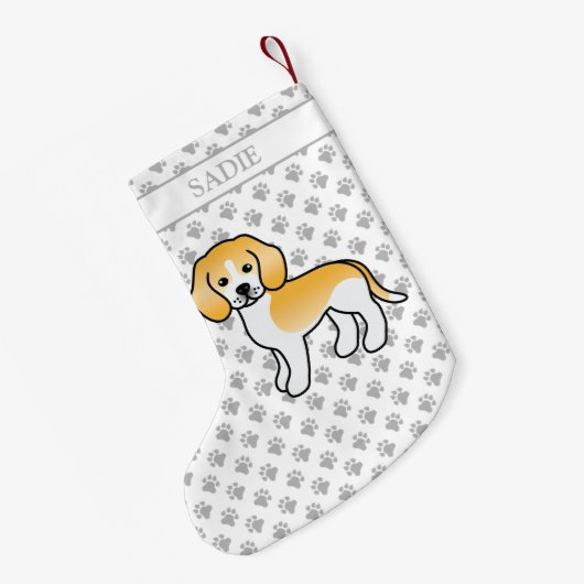 レモンとホワイトビーグルかわいい漫画の犬と名前 スモールクリスマスストッキング (裏面 (吊り時))