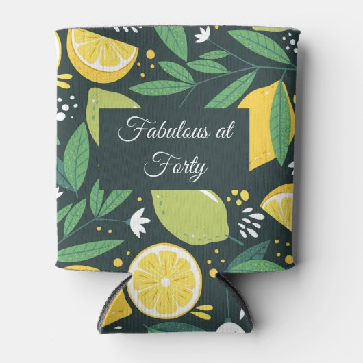 レモンとライムのフルーツの柄を緑と黄色に 缶クーラー (正面)