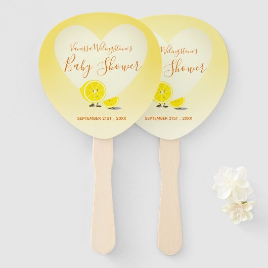 レモンとレモンスライス赤ちゃんシャワーハート黄色 ハンドファン (正面&裏面)