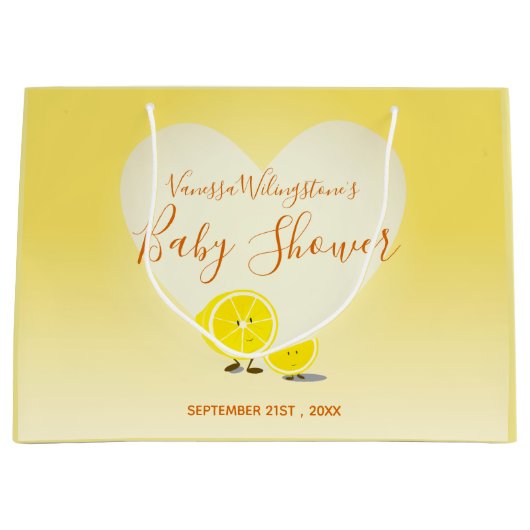 レモンとレモンスライス赤ちゃんシャワーハート黄色 ラージペーパーバッグ (正面)