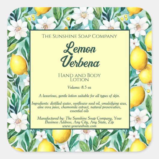 レモンと白い花の化粧品ボトルラベル スクエアシール (正面)