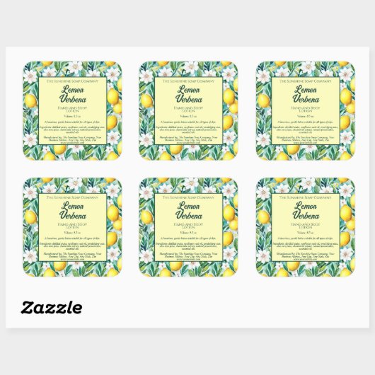 レモンと白い花の化粧品ボトルラベル スクエアシール (シート)