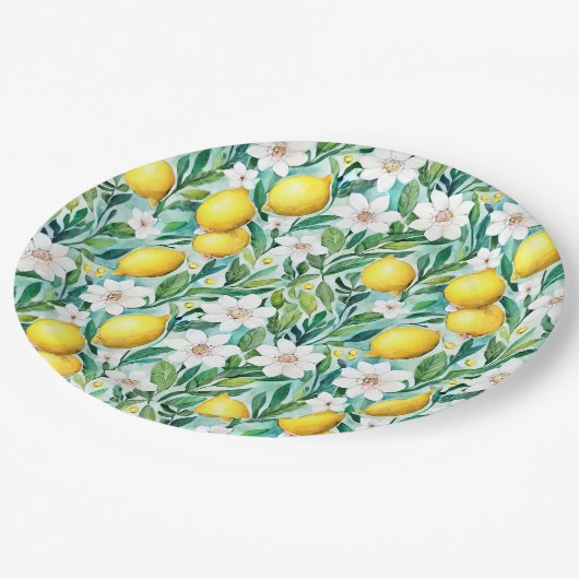 レモンと白い花 – フランスの Country Decor ペーパープレート (アングル)