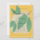 レモンと緑の手描き葉の植物学的な結婚式 招待状 (正面)
