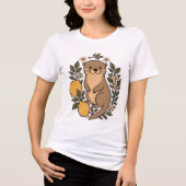 レモンと花の植物性の愛らしいカワウソ トライブレンドTシャツ (正面)