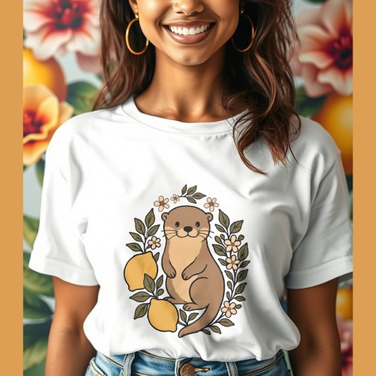 レモンと花の植物性の愛らしいカワウソ トライブレンドTシャツ