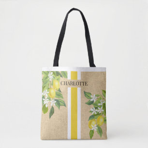 レモンと花モノグラムフェイクBurlap Jute トートバッグ