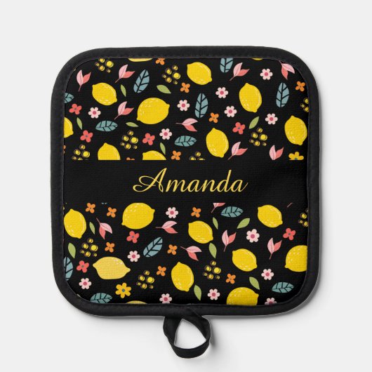 レモンと花 |名前をカスタムする 鍋敷き (正面)