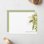 レモンと葉のセージ緑ガーリーの水色 ノートカード (正面/裏面インサイチュ)