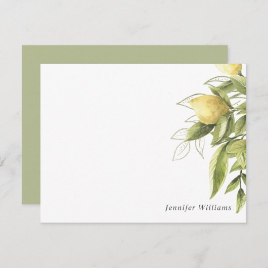レモンと葉のセージ緑ガーリーの水色 ノートカード (正面/裏面)