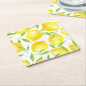 レモンと葉のデザイン スクエアペーパーコースター (アングル)