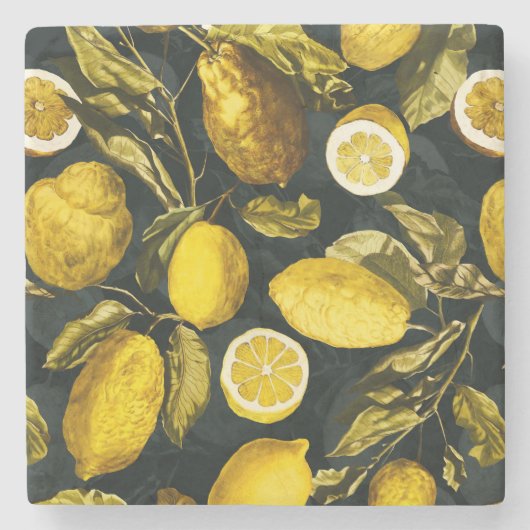 レモンと葉のパターンV ストーンコースター (正面)