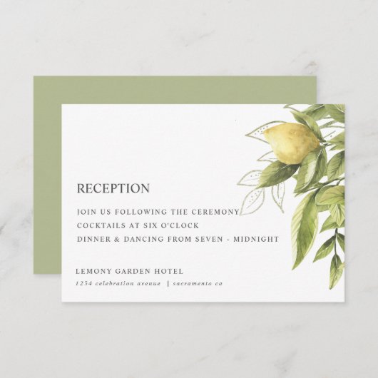 レモンと葉の緑のシックな結婚披露宴 エンクロージャーカード (正面/裏面)