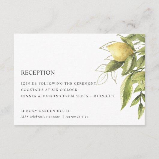 レモンと葉の緑のシックな結婚披露宴 エンクロージャーカード (正面)