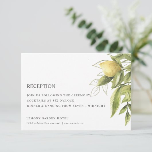 レモンと葉の緑のシックな結婚披露宴 エンクロージャーカード (スタンド正面)