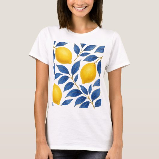 レモンと藍葉の植物模様 Tシャツ (正面)