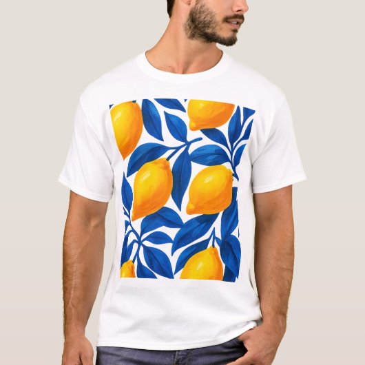 レモンと藍葉の植物模様 Tシャツ (正面)