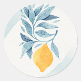 レモンと青い離れ植物性イラストレーション ラウンドシール