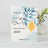 レモンと青い離れ植物性イラストレーション 招待状 (スタンド正面)