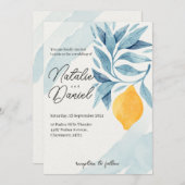 レモンと青い離れ植物性イラストレーション 招待状 (正面/裏面)