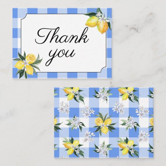 レモンと青のギンガムの感謝カード ノートカード (正面/裏面)