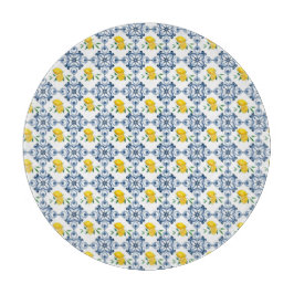 レモンと青モロッコタイルパターン カッティングボード