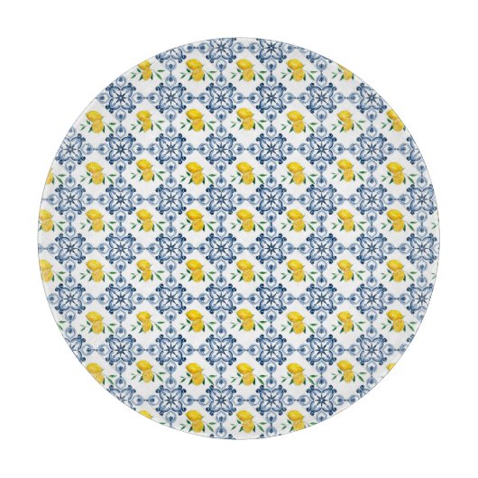 レモンと青モロッコタイルパターン カッティングボード (正面)