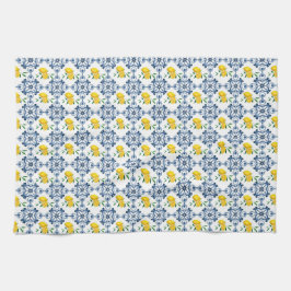 レモンと青モロッコタイルパターン キッチンタオル