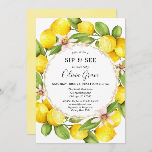 レモンのお茶会に来て、女の子の赤ちゃんに会おう 招待状 (正面/裏面)
