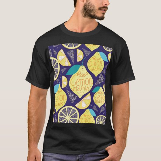 レモンのクローブ:ダークブルー明るいパターン Tシャツ (正面)
