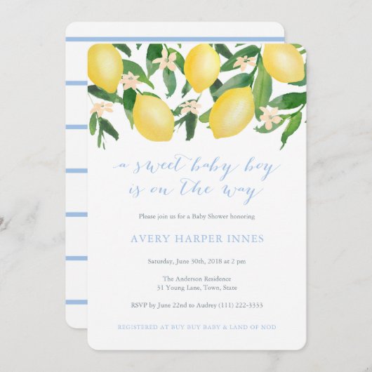 レモンのパウダーブルー甘い男の子の赤ちゃんシャワー 招待状 (正面/裏面)