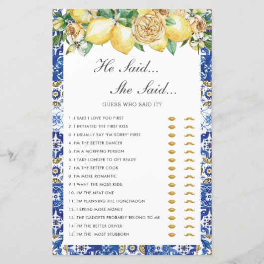 レモンのフローラブライダルシャワー彼は彼女がゲームを言ったと言った (正面)