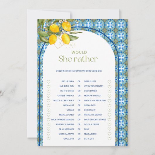 レモンのブライダルシャワーは彼女はむしろゲームカードだろう 招待状 (正面)