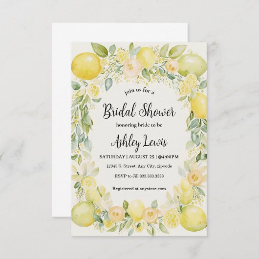 レモンのブライダルシャワー招待、黄色の招待 招待状 (正面/裏面)