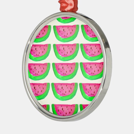 レモンの上にジューシーなピンクのスイカのフルーツパターン メタルオーナメント (左)