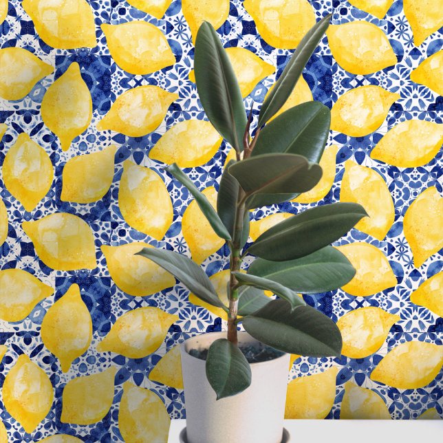 レモンの地中海タイル 青 黄色 水彩 壁紙 (Mediterranean blue and white tiles with yellow citrus lemons pattern art peel and stick wallpaper )