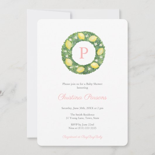 レモンの手色彩の鮮やかリース女のスタイリッシュ子ベビーシャワー 招待状 (正面)