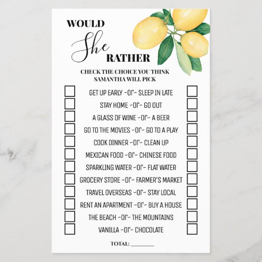 レモンの方が彼女はブライダルシャワーのゲームカードだ チラシ (正面)