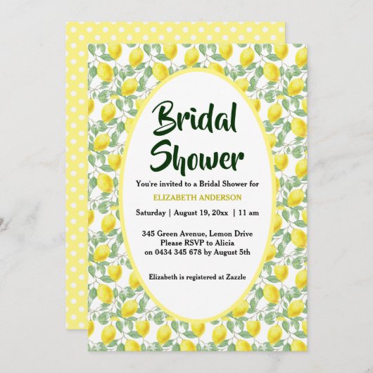 レモンの木の黄色緑のブライダルシャワー 招待状 (正面/裏面)