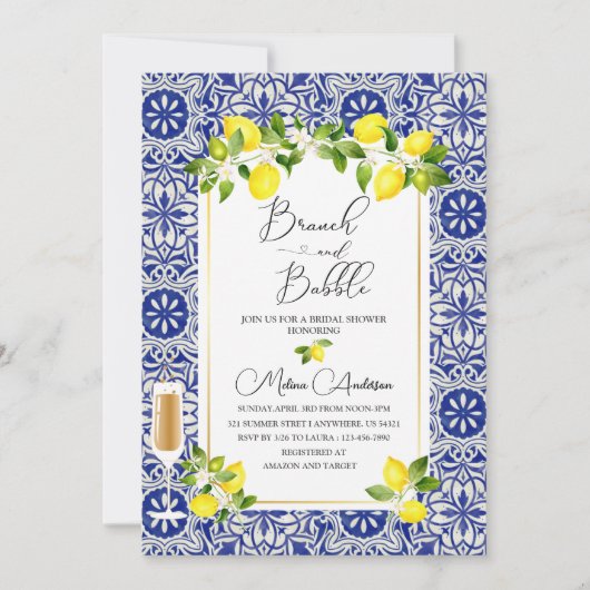 レモンの枝と青いモザイクの水の色の枝と 招待状 (正面)