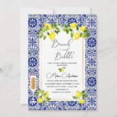 レモンの枝と青いモザイクの水彩画の枝と 招待状 (正面)