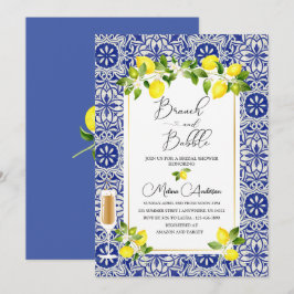 レモンの枝と青いモザイクの水彩画の枝と 招待状