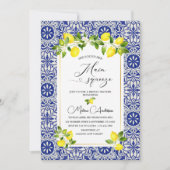 レモンの枝と青モザイクの水の色ブライダルsho 招待状 (正面)